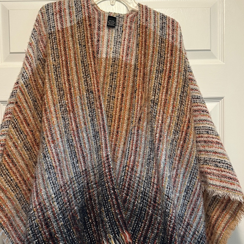 Striped Multicolor Shawl Open Wrap Poncho - Picture 3 of 8